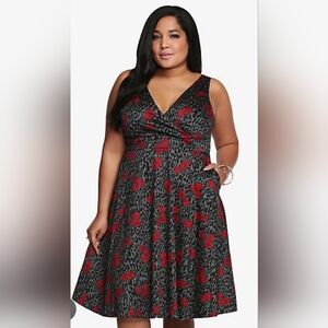 Torrid Black Red Rose Leopard Print Midi Dress